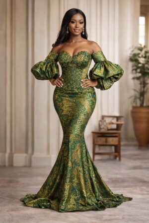 Emerald Regal Brocade Mermaid Gown