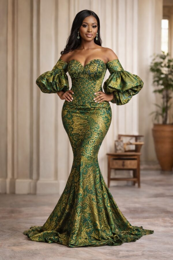 Emerald Regal Brocade Mermaid Gown